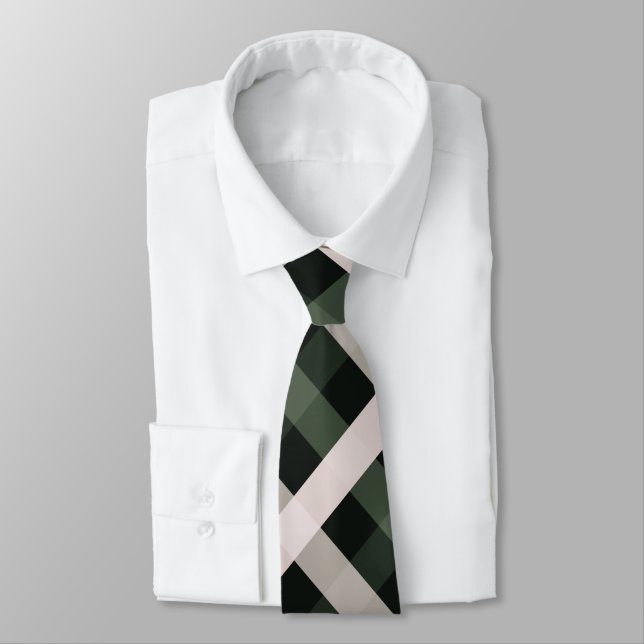 Diagonal Gingham Dark Green, Beige, Deep Black Tie (Tied)