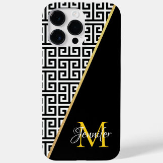 Diagonal Gold Foil Greek Key with Black Monogram Case-Mate iPhone 14 Pro Max Case