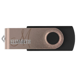 Diagonal Gold Taupe Glitter Gradient Monogram USB Flash Drive