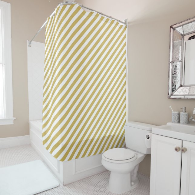 Diagonal golden yellow and white stripes pattern shower curtain (In Situ)