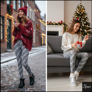 Diagonal Grayscale Monochrome Tartan Plaid Leggings