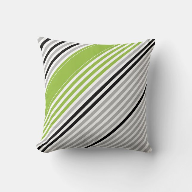 Diagonal green, grey, black, white stripes cushion (Front)