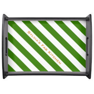 Diagonal Green Stripes Custom Colour and Text Serving Tray