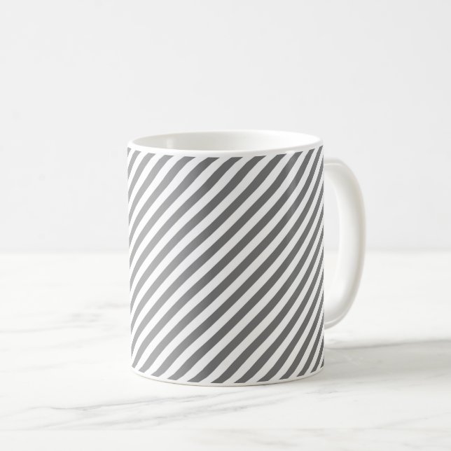 Diagonal grey and white stripes pattern coffee mug (Front Right)