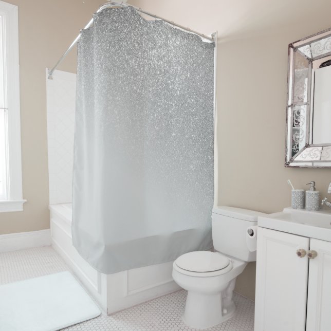 Diagonal Grey Silver Glitter Gradient Ombre Shower Curtain (In Situ)