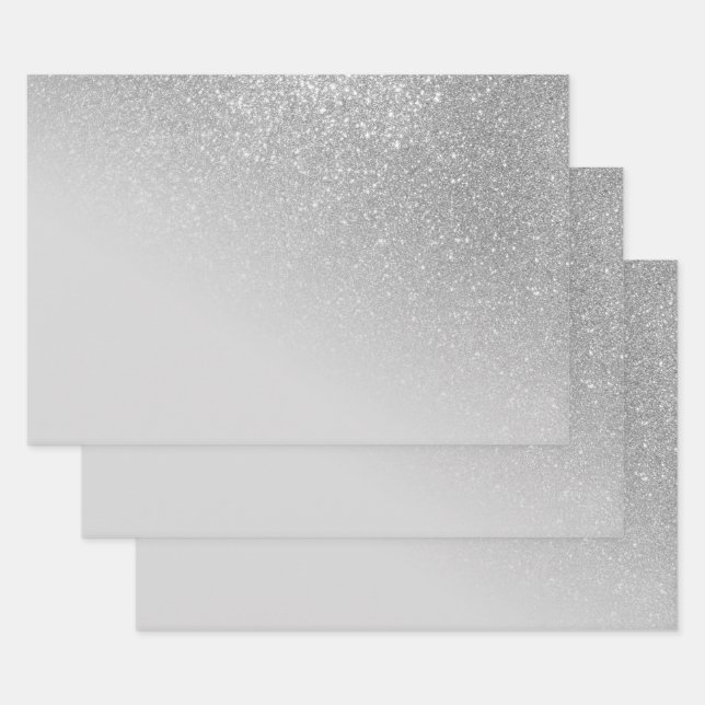 Diagonal Grey Silver Glitter Gradient Ombre Wrapping Paper Sheet (Set)