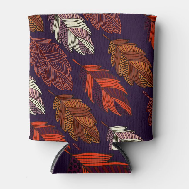 Diagonal Leaves: Hand-Drawn Vintage Pattern Can Cooler (Front)