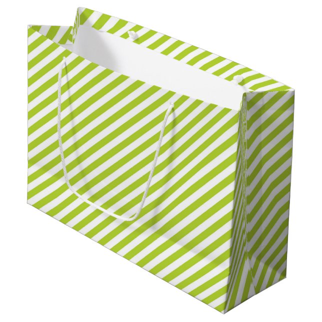 Diagonal lime green and white stripes pattern large gift bag (Front Angled)