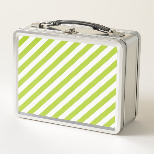 Diagonal lime green and white stripes pattern metal lunch box (Front)