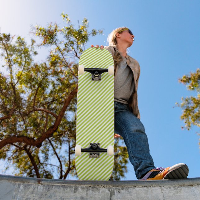 Diagonal lime green and white stripes pattern skateboard (Outdoor 1)