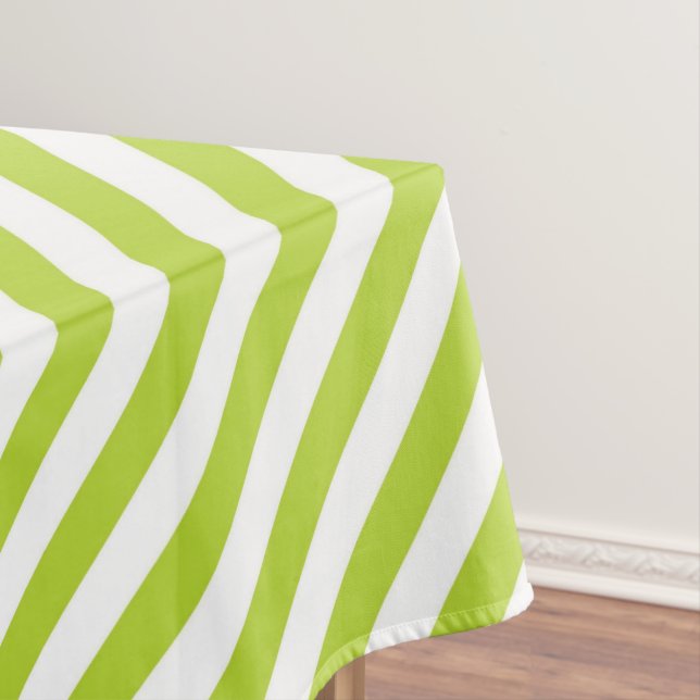 Diagonal lime green and white stripes pattern tablecloth (In Situ)