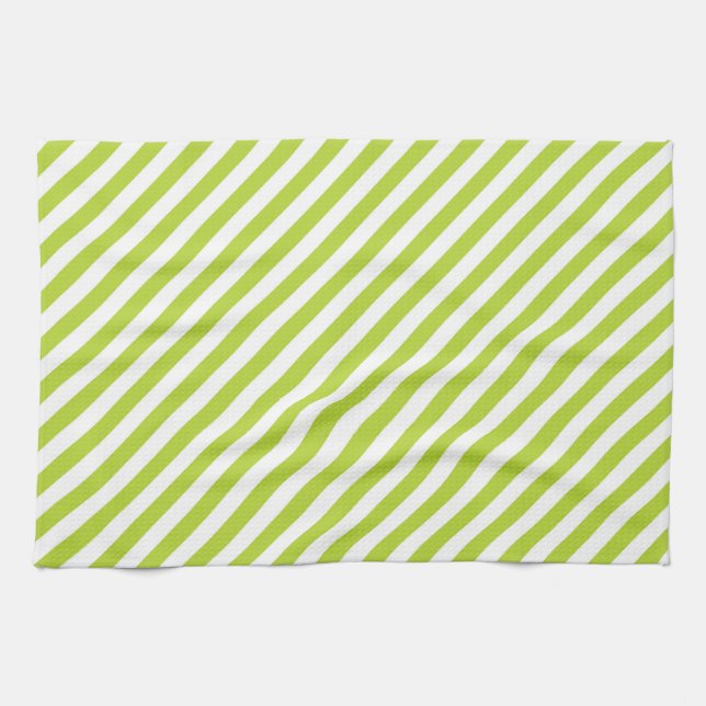 Diagonal lime green and white stripes pattern tea towel (Horizontal)
