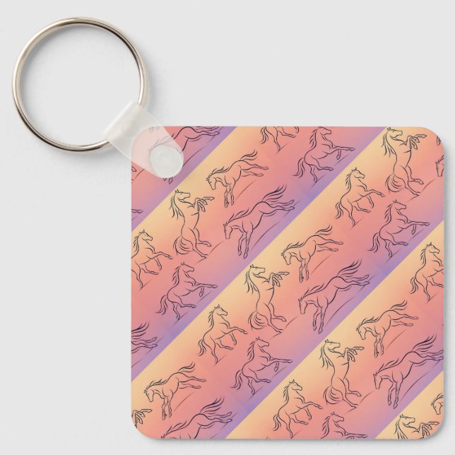 Diagonal Line Art Horse Pattern Galloping Horses Key Ring (Front)