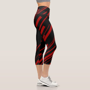 Diagonal Lines in Red and Black Capri Leggings