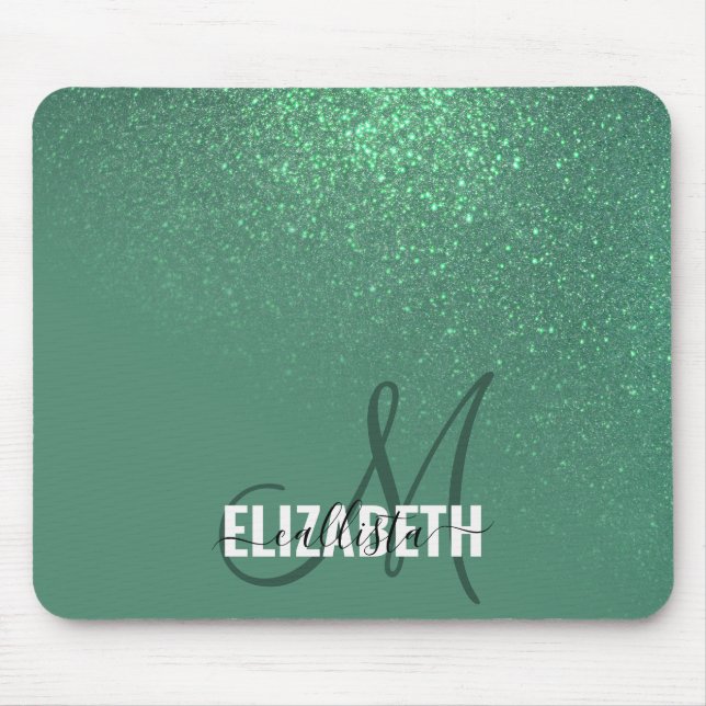 Diagonal Mermaid Green Glitter Gradient Monogram Mouse Mat (Front)