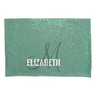 Diagonal Mermaid Green Glitter Gradient Monogram Pillowcase