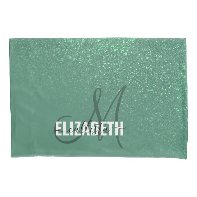 Diagonal Mermaid Green Glitter Gradient Monogram Pillowcase (Front)
