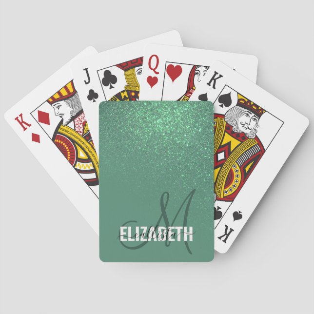 Diagonal Mermaid Green Glitter Gradient Monogram Playing Cards (Back)