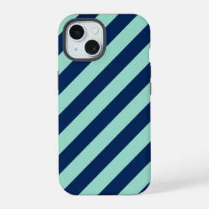 Diagonal Mint Green and Navy Blue Stripes iPhone 15 Case