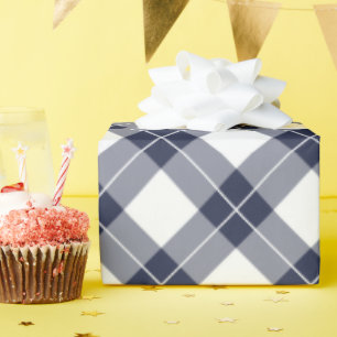 Diagonal Navy Blue and White Plaid Pattern Wrapping Paper