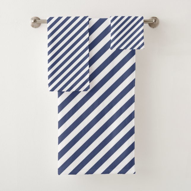 Diagonal navy blue and white stripes pattern bath towel set (Insitu)