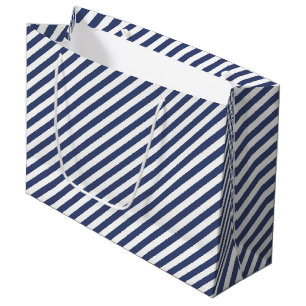 Diagonal navy blue and white stripes pattern large gift bag