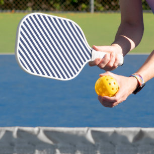 Diagonal navy blue and white stripes pattern pickleball paddle