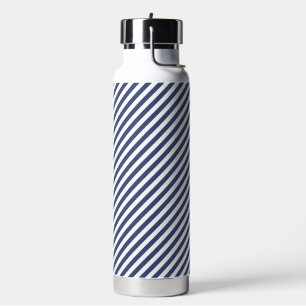 Diagonal navy blue and white stripes pattern water bottle