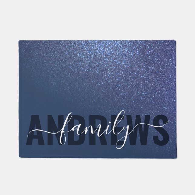Diagonal Navy Blue Glitter Gradient Ombre Monogram Doormat (Front)