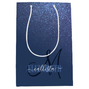 Diagonal Navy Blue Glitter Gradient Ombre Monogram Medium Gift Bag