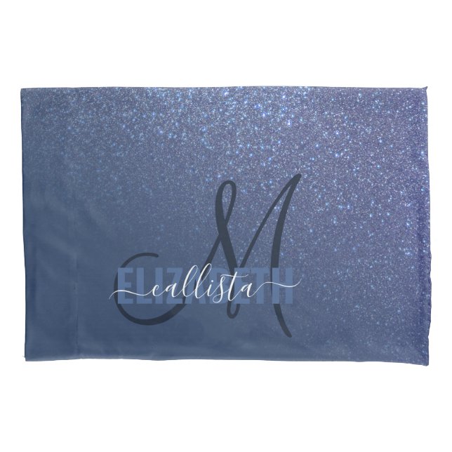 Diagonal Navy Blue Glitter Gradient Ombre Monogram Pillowcase (Front)