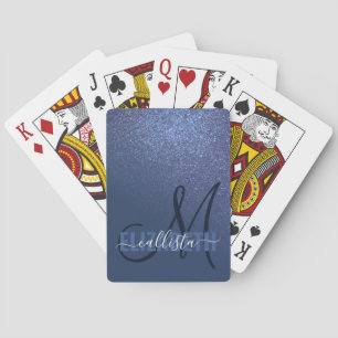 Diagonal Navy Blue Glitter Gradient Ombre Monogram Playing Cards