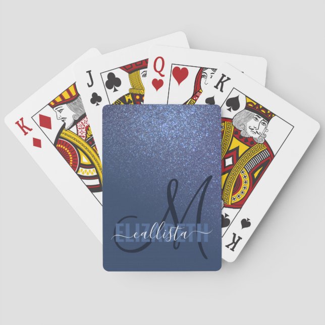 Diagonal Navy Blue Glitter Gradient Ombre Monogram Playing Cards (Back)