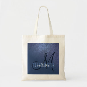 Diagonal Navy Blue Glitter Gradient Ombre Monogram Tote Bag