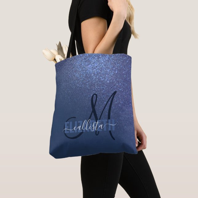 Diagonal Navy Blue Glitter Gradient Ombre Monogram Tote Bag (Close Up)