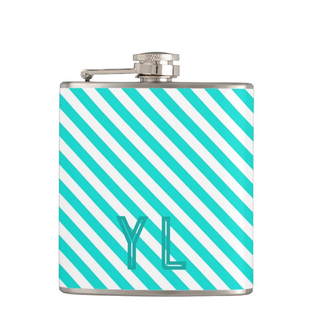 Diagonal neon blue and white stripes initials hip flask (Front)