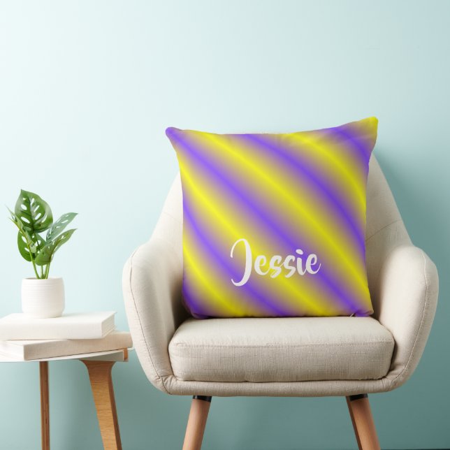 Diagonal neon glow yellow and purple stripes cushion (Chair)