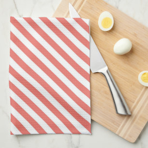 Diagonal pattern of pink and white stripes tea towel
