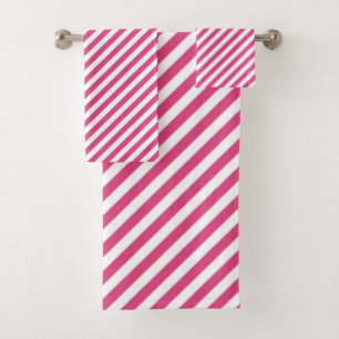 Diagonal pink and white stripes pattern bath towel set