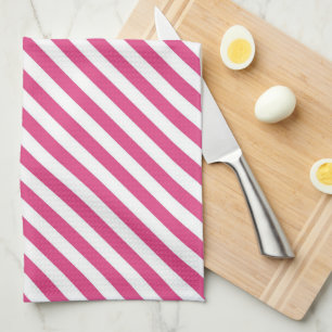 Diagonal pink and white stripes pattern tea towel