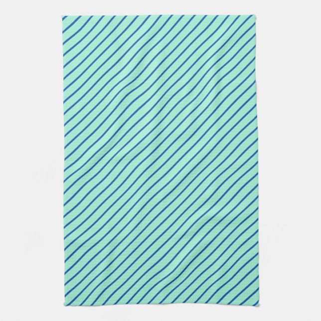Diagonal pinstripes - aqua  and navy tea towel (Vertical)