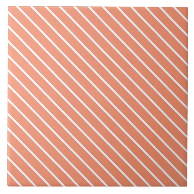 Diagonal pinstripes - coral orange and white tile (Front)