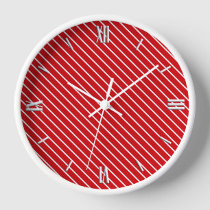 Diagonal pinstripes - deep red and white wall clock