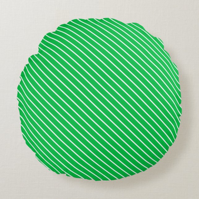 Diagonal pinstripes - emerald green and white round cushion (Front)