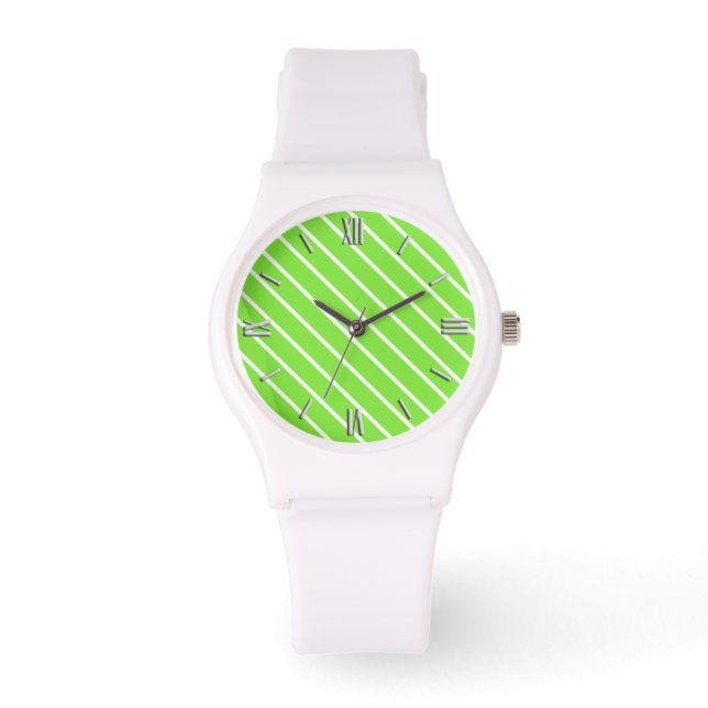 Diagonal pinstripes - lime green and white watch (Front)