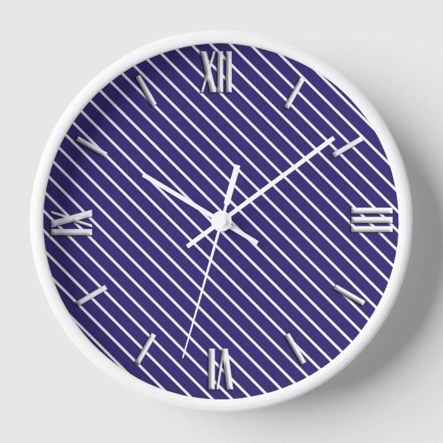 Diagonal pinstripes - navy blue and white wall clock (Front)