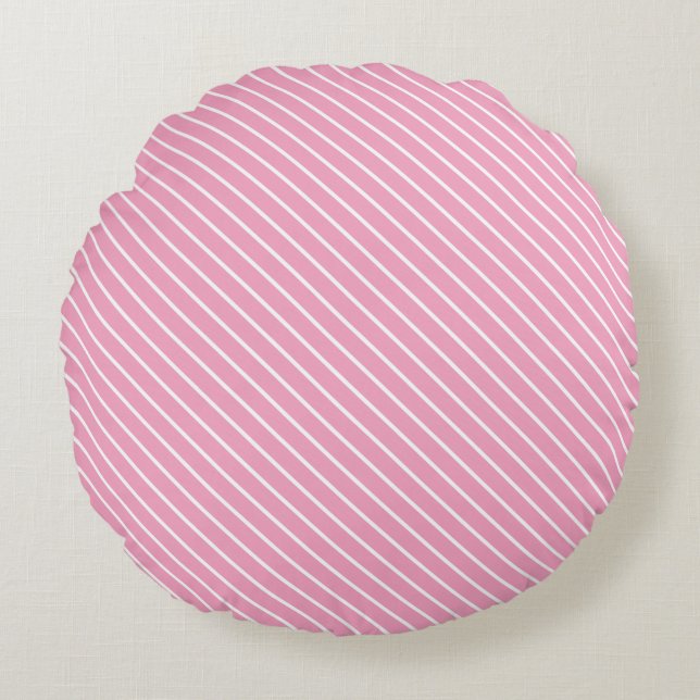 Diagonal pinstripes - shell pink and white round cushion (Front)