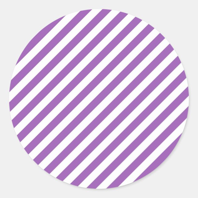Diagonal purple and white stripes pattern classic round sticker (Front)