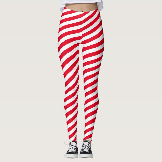 Diagonal Red and White Swirly Stripes Leggings (Front)
