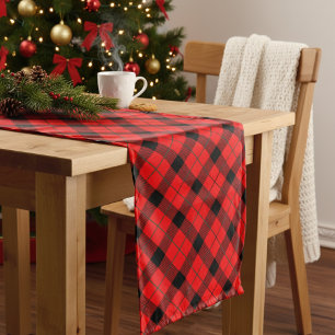Diagonal Red Black & Green Christmas Plaid Long Table Runner